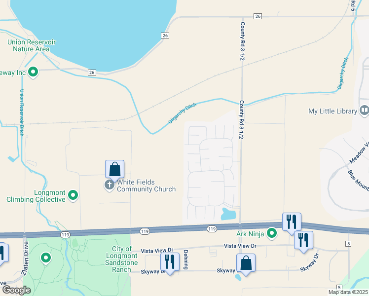 map of restaurants, bars, coffee shops, grocery stores, and more near 3272 North Rim in Longmont