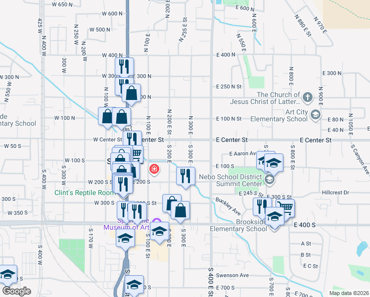 map of restaurants, bars, coffee shops, grocery stores, and more near 265 East 100 North in Springville