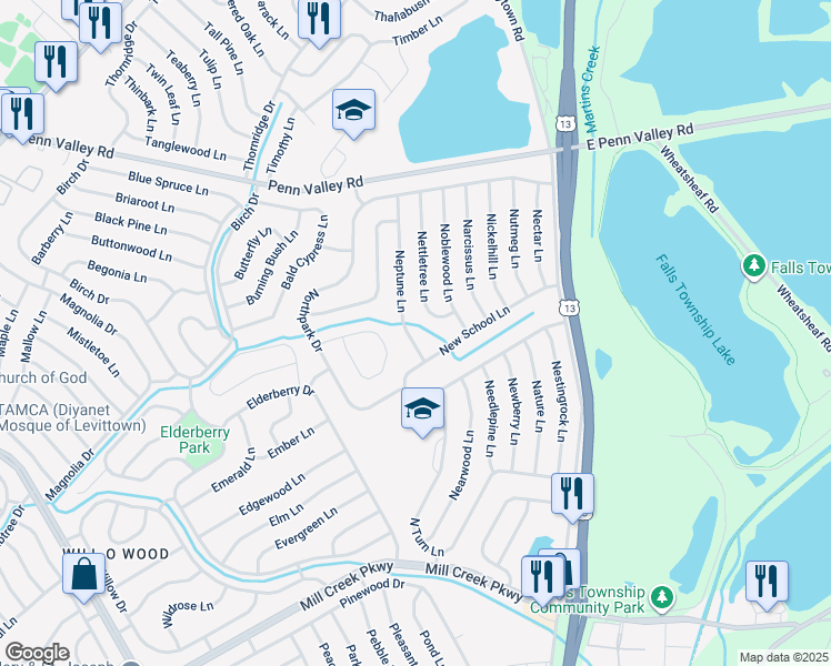 map of restaurants, bars, coffee shops, grocery stores, and more near 14 Neptune Ln in Levittown
