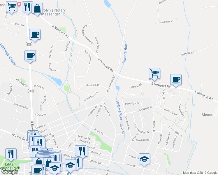 map of restaurants, bars, coffee shops, grocery stores, and more near 649 Brunnerville Road in Lititz