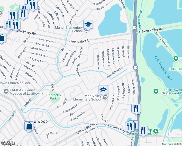 map of restaurants, bars, coffee shops, grocery stores, and more near 36 Northcourt Lane in Levittown