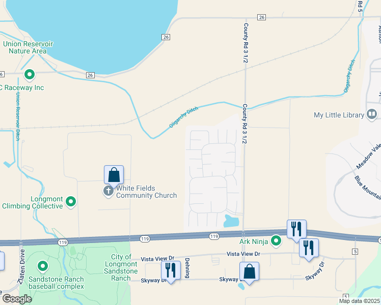 map of restaurants, bars, coffee shops, grocery stores, and more near 11450 Far View in Longmont
