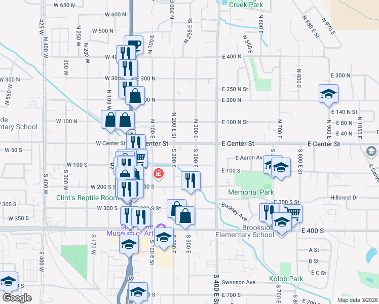 map of restaurants, bars, coffee shops, grocery stores, and more near 265 East 100 North in Springville