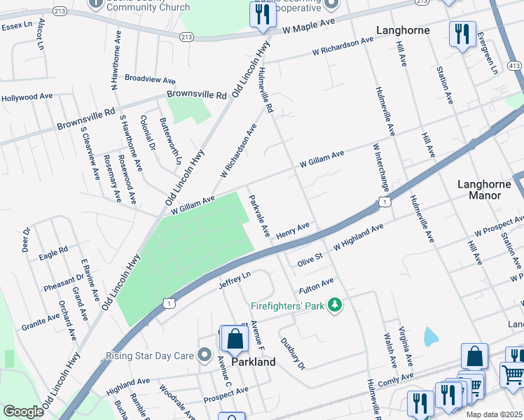 map of restaurants, bars, coffee shops, grocery stores, and more near 465 Parkvale Avenue in Langhorne