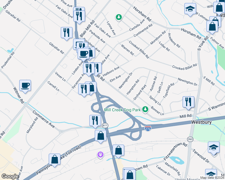 map of restaurants, bars, coffee shops, grocery stores, and more near 3620 Mill Road in Hatboro