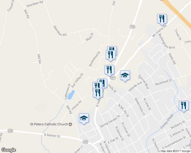 map of restaurants, bars, coffee shops, grocery stores, and more near 457 Indian Rock Circle in Elizabethtown