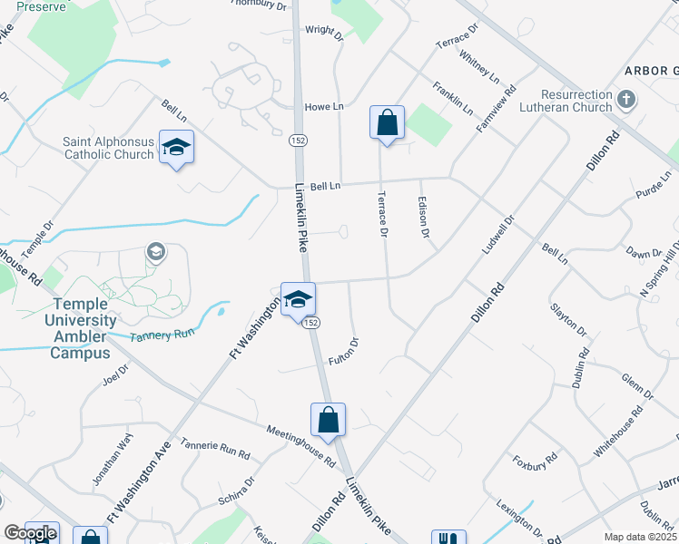 map of restaurants, bars, coffee shops, grocery stores, and more near 1605 Fort Washington Avenue in Maple Glen