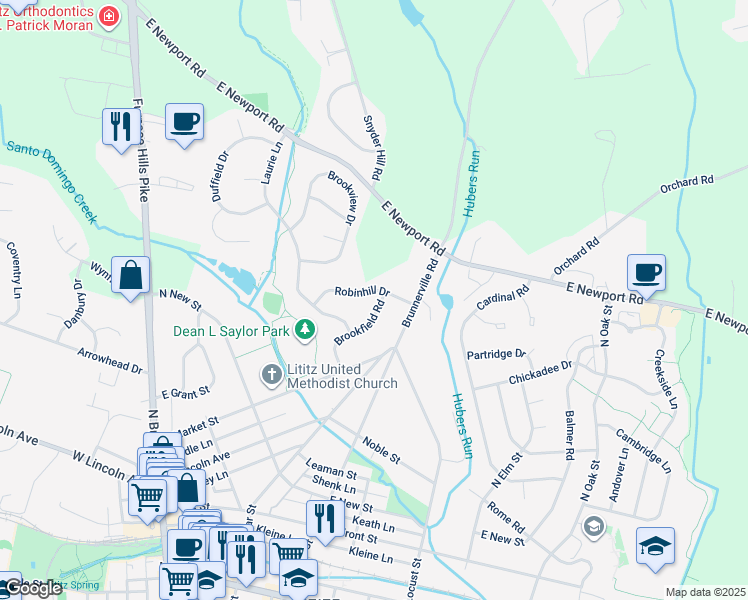 map of restaurants, bars, coffee shops, grocery stores, and more near 83 Brookfield Road in Lititz