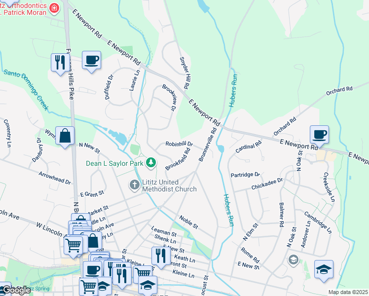 map of restaurants, bars, coffee shops, grocery stores, and more near 83 Brookfield Road in Lititz