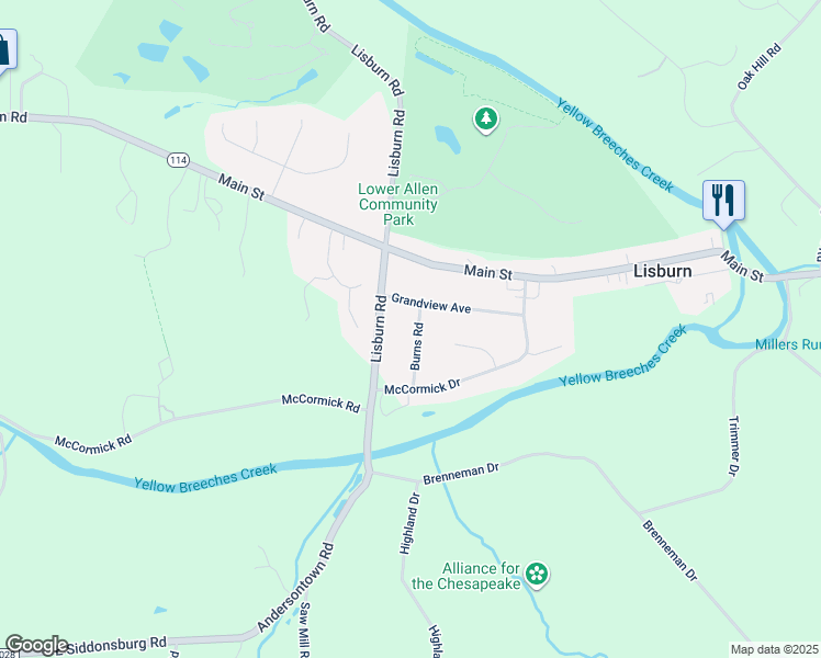 map of restaurants, bars, coffee shops, grocery stores, and more near 4120 Burns Rd in Mechanicsburg