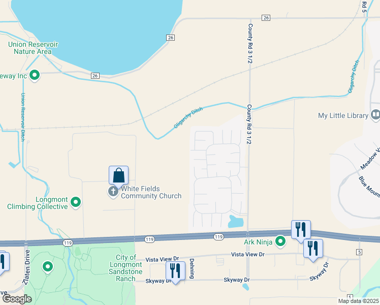 map of restaurants, bars, coffee shops, grocery stores, and more near 3272 North Rim in Longmont