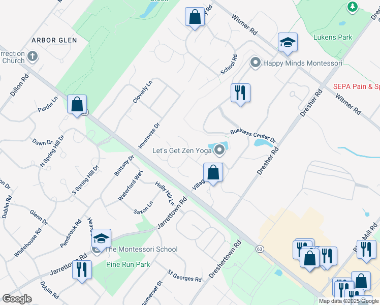 map of restaurants, bars, coffee shops, grocery stores, and more near 2 Sugar Maple Lane in Horsham