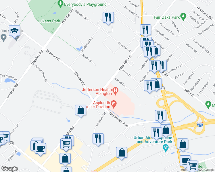 map of restaurants, bars, coffee shops, grocery stores, and more near 2729 Blair Mill Road in Willow Grove