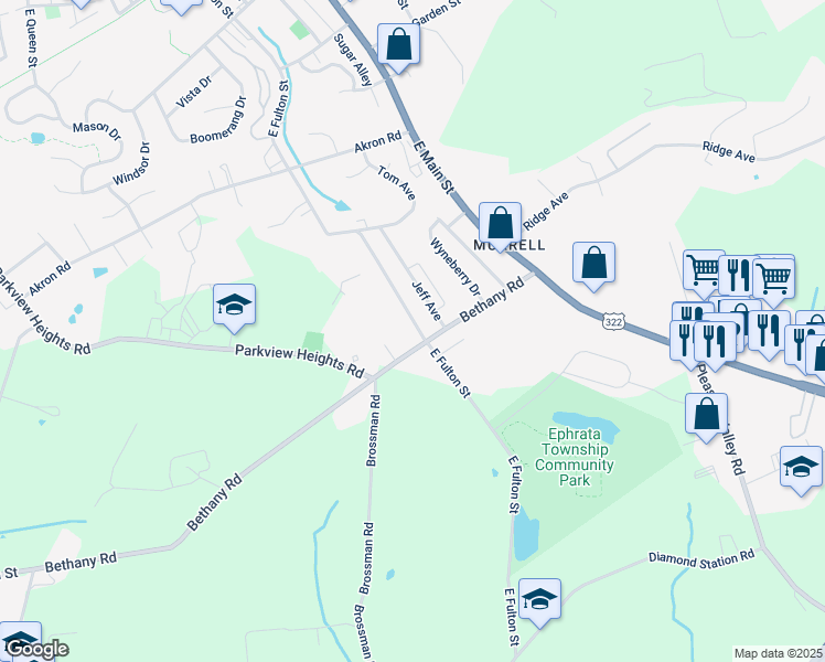 map of restaurants, bars, coffee shops, grocery stores, and more near 375 East Fulton Street in Ephrata