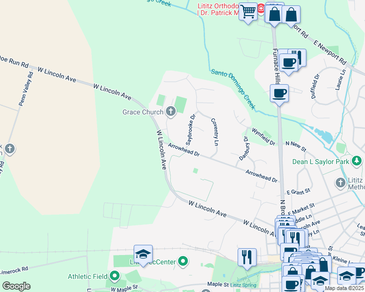 map of restaurants, bars, coffee shops, grocery stores, and more near 415 Arrowhead Drive in Lititz