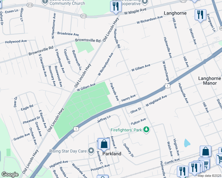map of restaurants, bars, coffee shops, grocery stores, and more near 452 Parkvale Avenue in Langhorne