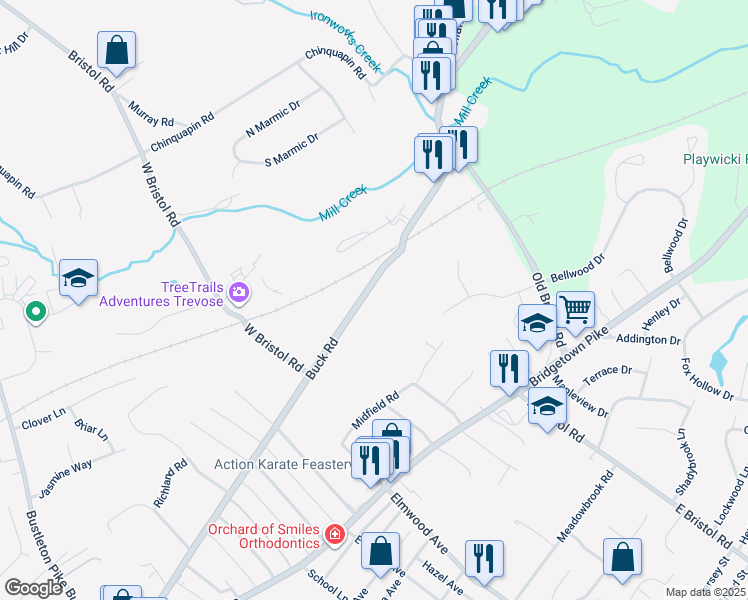 map of restaurants, bars, coffee shops, grocery stores, and more near 1855 Buck Road in Feasterville-Trevose