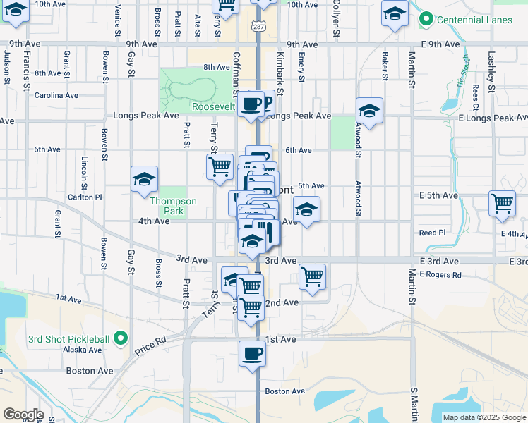 map of restaurants, bars, coffee shops, grocery stores, and more near 525 4th Avenue in Longmont