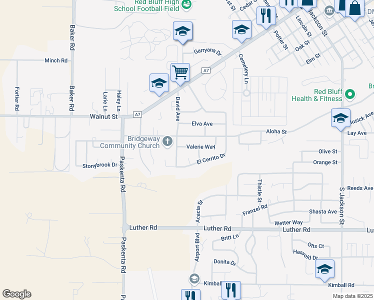 map of restaurants, bars, coffee shops, grocery stores, and more near 1660 El Cerrito Drive in Red Bluff
