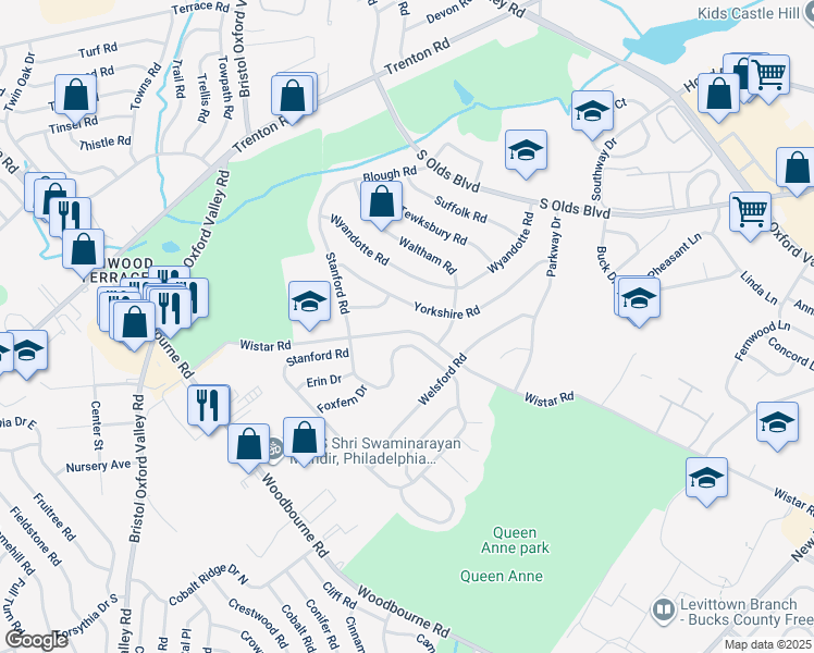 map of restaurants, bars, coffee shops, grocery stores, and more near 161 Wistar Road in Fairless Hills