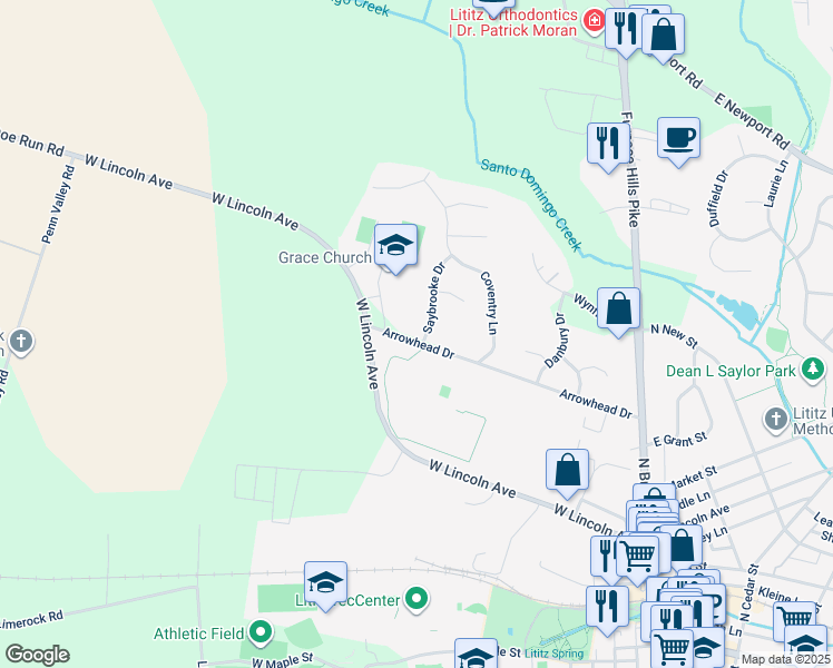 map of restaurants, bars, coffee shops, grocery stores, and more near 415 Arrowhead Drive in Lititz