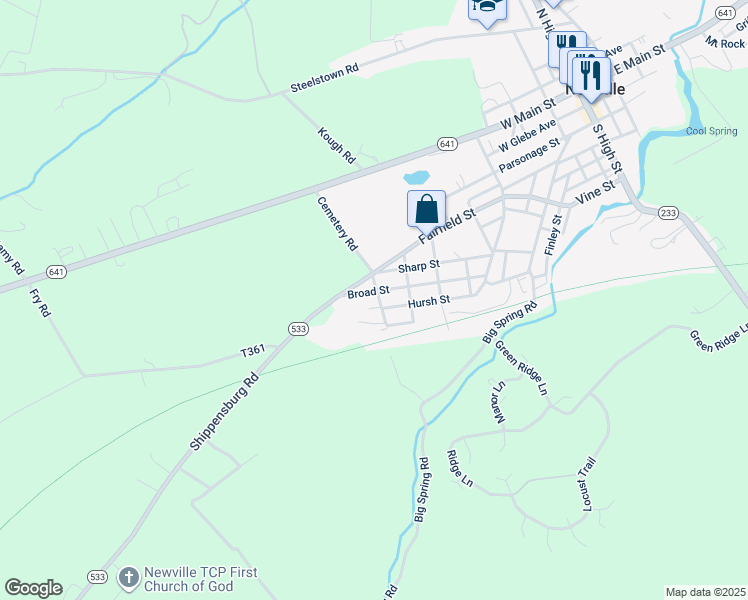 map of restaurants, bars, coffee shops, grocery stores, and more near 98 Rich Street in Newville