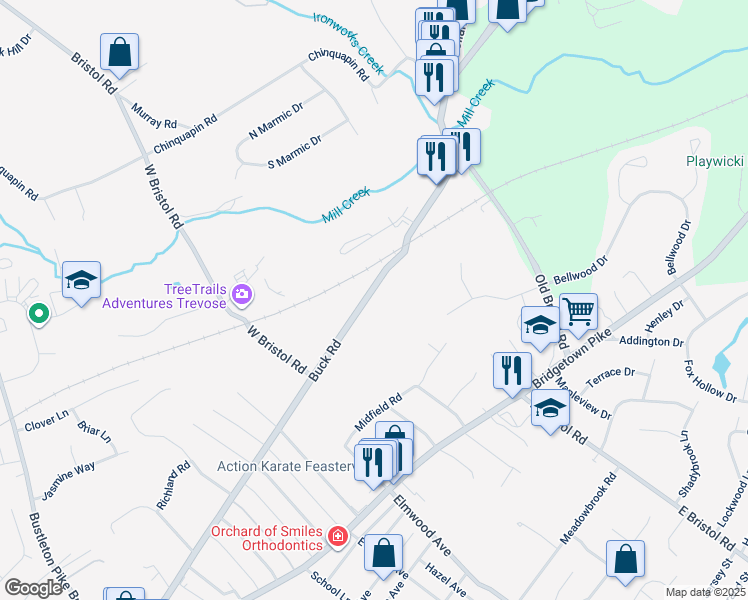 map of restaurants, bars, coffee shops, grocery stores, and more near 1855 Buck Road in Feasterville-Trevose