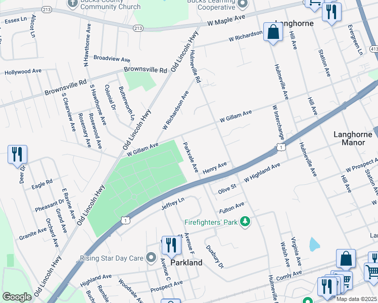 map of restaurants, bars, coffee shops, grocery stores, and more near 465 Parkvale Avenue in Langhorne