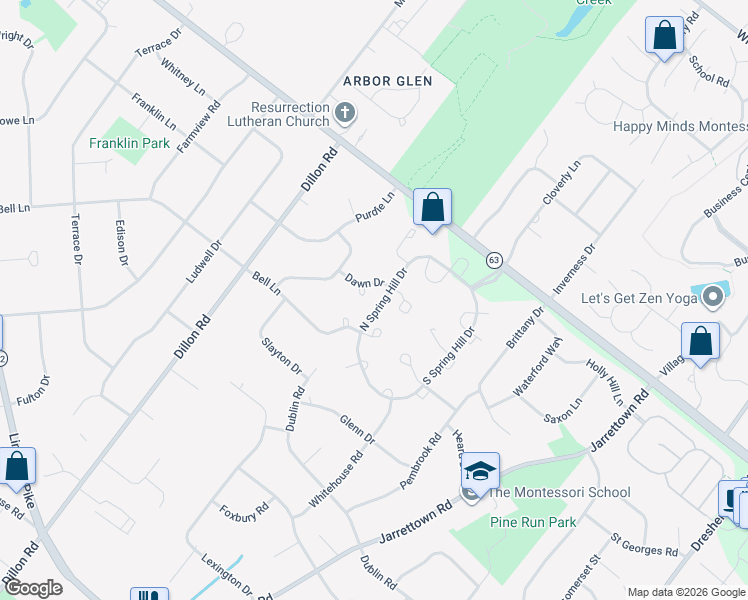 map of restaurants, bars, coffee shops, grocery stores, and more near 1398 Bell Lane in Maple Glen