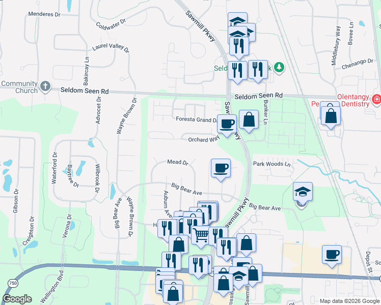 map of restaurants, bars, coffee shops, grocery stores, and more near 9203 Sloane Court in Powell