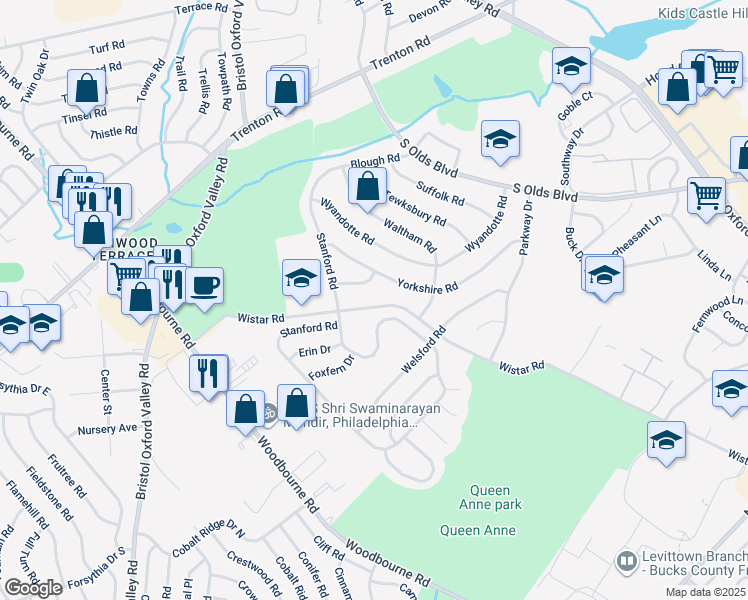 map of restaurants, bars, coffee shops, grocery stores, and more near 161 Wistar Road in Fairless Hills