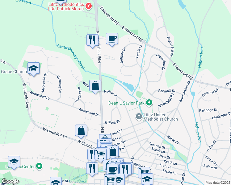 map of restaurants, bars, coffee shops, grocery stores, and more near 341 North New Street in Lititz