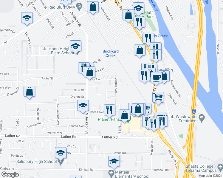 map of restaurants, bars, coffee shops, grocery stores, and more near 620 Villa Drive in Red Bluff