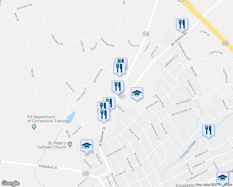 map of restaurants, bars, coffee shops, grocery stores, and more near 45 Old Hershey Road in Elizabethtown