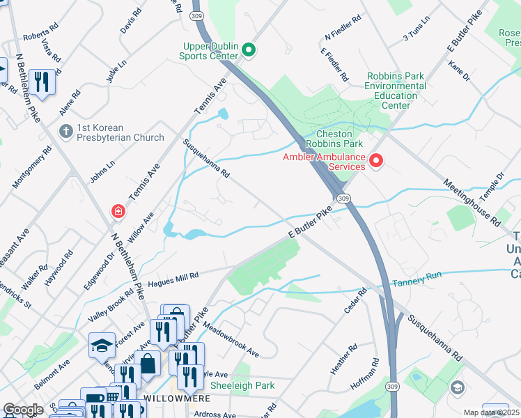 map of restaurants, bars, coffee shops, grocery stores, and more near 339 Susquehanna Road in Ambler