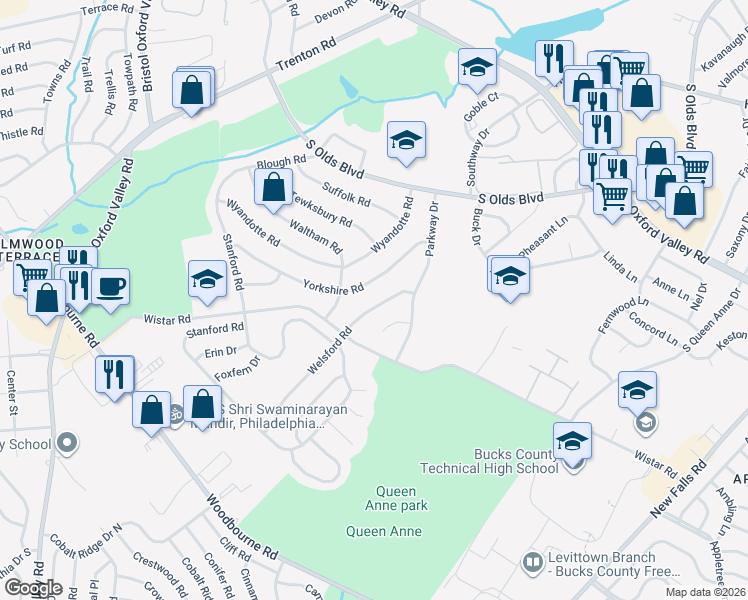 map of restaurants, bars, coffee shops, grocery stores, and more near 257 Yorkshire Road in Fairless Hills