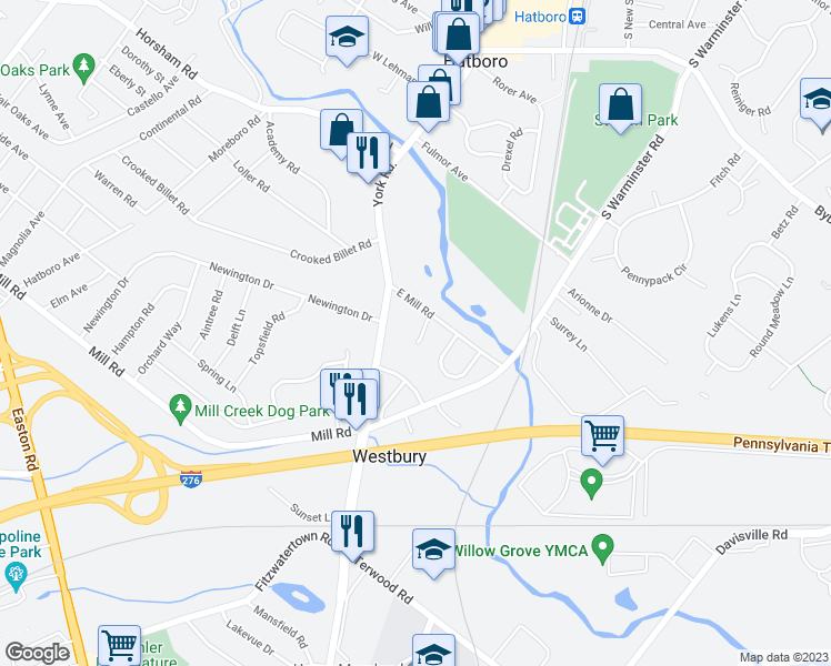 map of restaurants, bars, coffee shops, grocery stores, and more near 8 Lantern Lane in Hatboro