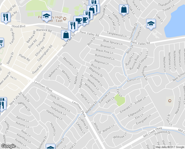 map of restaurants, bars, coffee shops, grocery stores, and more near 48 Mistletoe Lane in Levittown