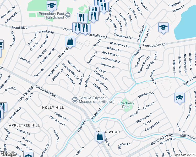 map of restaurants, bars, coffee shops, grocery stores, and more near 48 Mistletoe Lane in Levittown