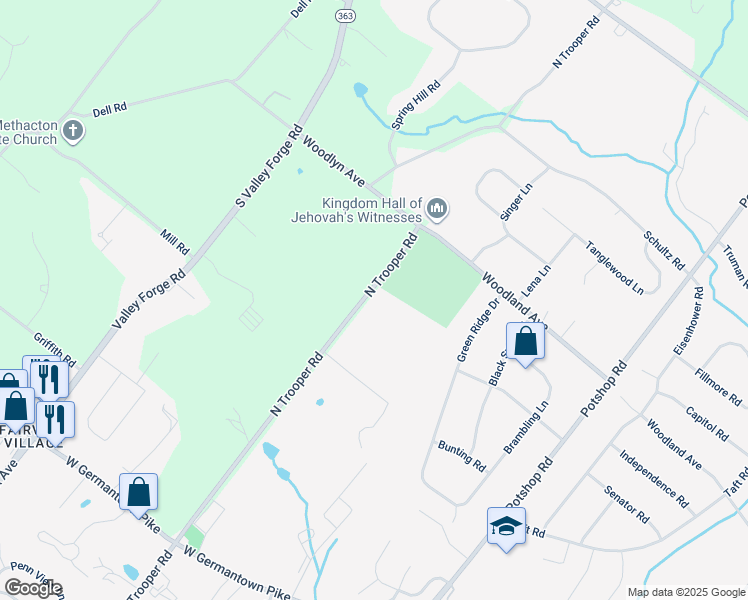 map of restaurants, bars, coffee shops, grocery stores, and more near 1216 North Trooper Road in Eagleville