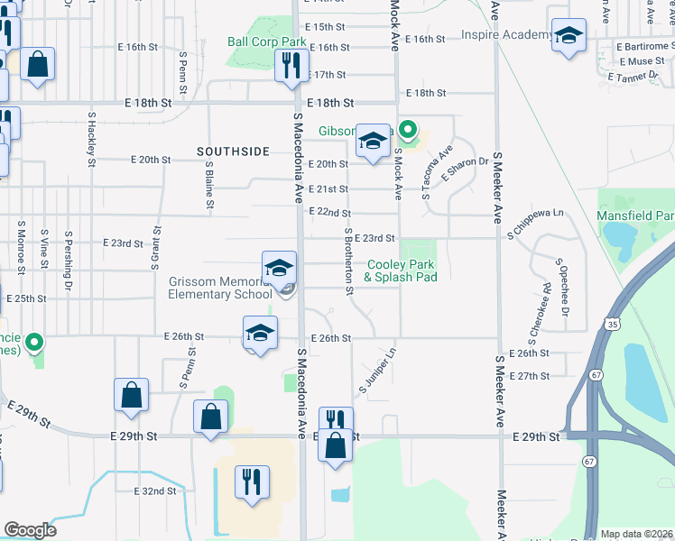 map of restaurants, bars, coffee shops, grocery stores, and more near 3001-3099 South Brotherton Street in Muncie