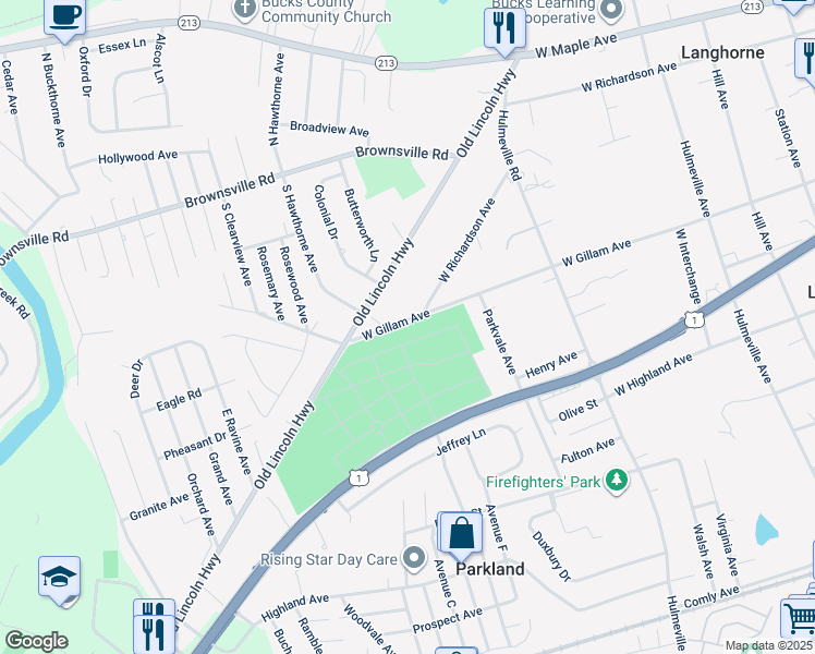 map of restaurants, bars, coffee shops, grocery stores, and more near 1115 West Gillam Avenue in Langhorne