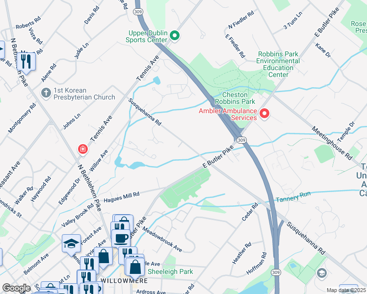 map of restaurants, bars, coffee shops, grocery stores, and more near 339 Susquehanna Road in Ambler