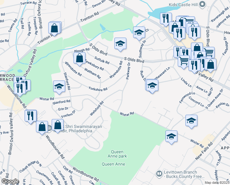 map of restaurants, bars, coffee shops, grocery stores, and more near 223 Welsford Road in Fairless Hills