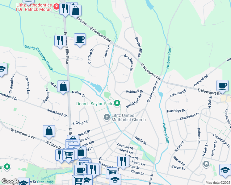 map of restaurants, bars, coffee shops, grocery stores, and more near 75 Laurie Lane in Lititz