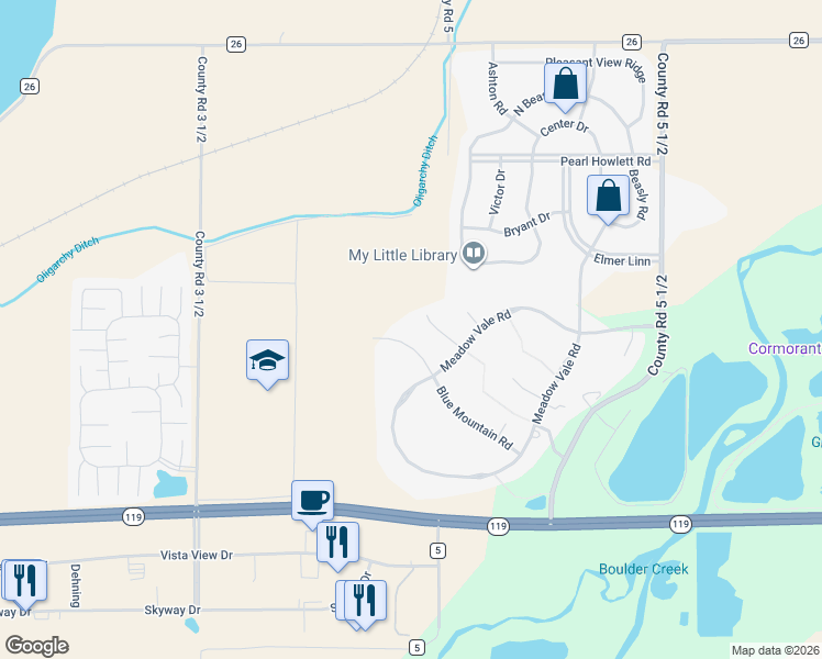 map of restaurants, bars, coffee shops, grocery stores, and more near 1873 Blue Mountain Road in Longmont