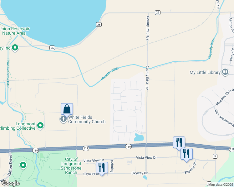 map of restaurants, bars, coffee shops, grocery stores, and more near 11450 Far View in Longmont