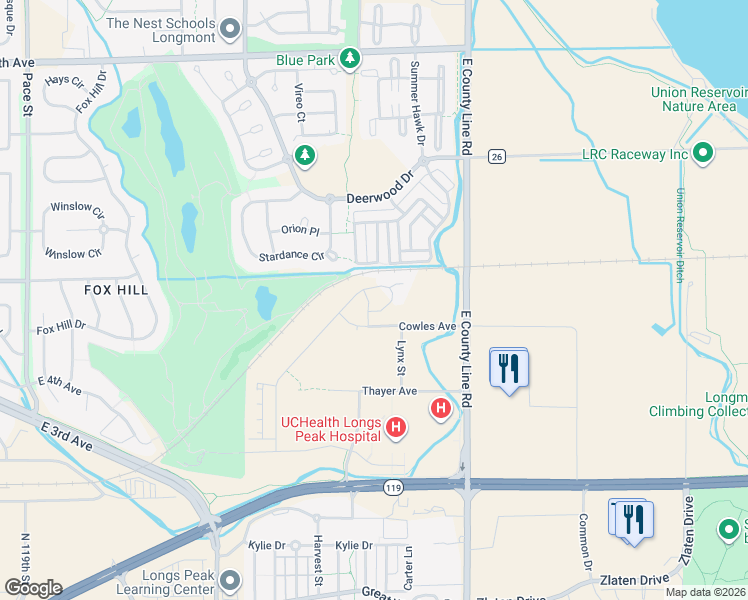 map of restaurants, bars, coffee shops, grocery stores, and more near 530 Peregrine Circle in Longmont
