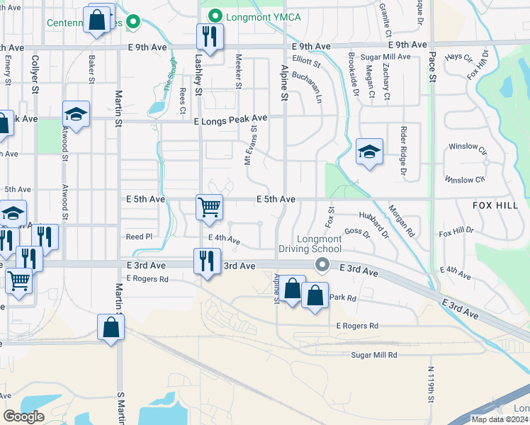map of restaurants, bars, coffee shops, grocery stores, and more near 500 Mount Evans Street in Longmont