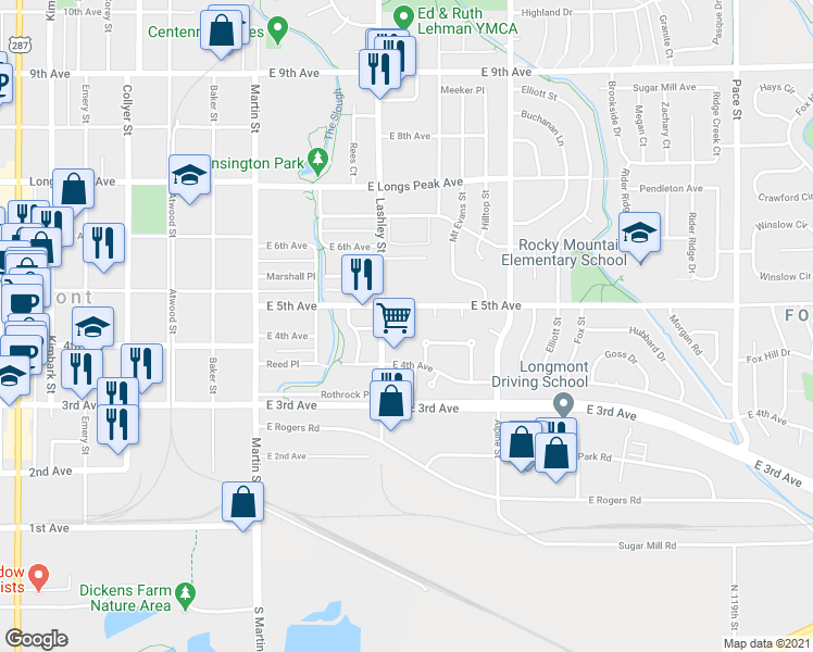 map of restaurants, bars, coffee shops, grocery stores, and more near 225 Andrew Court in Longmont